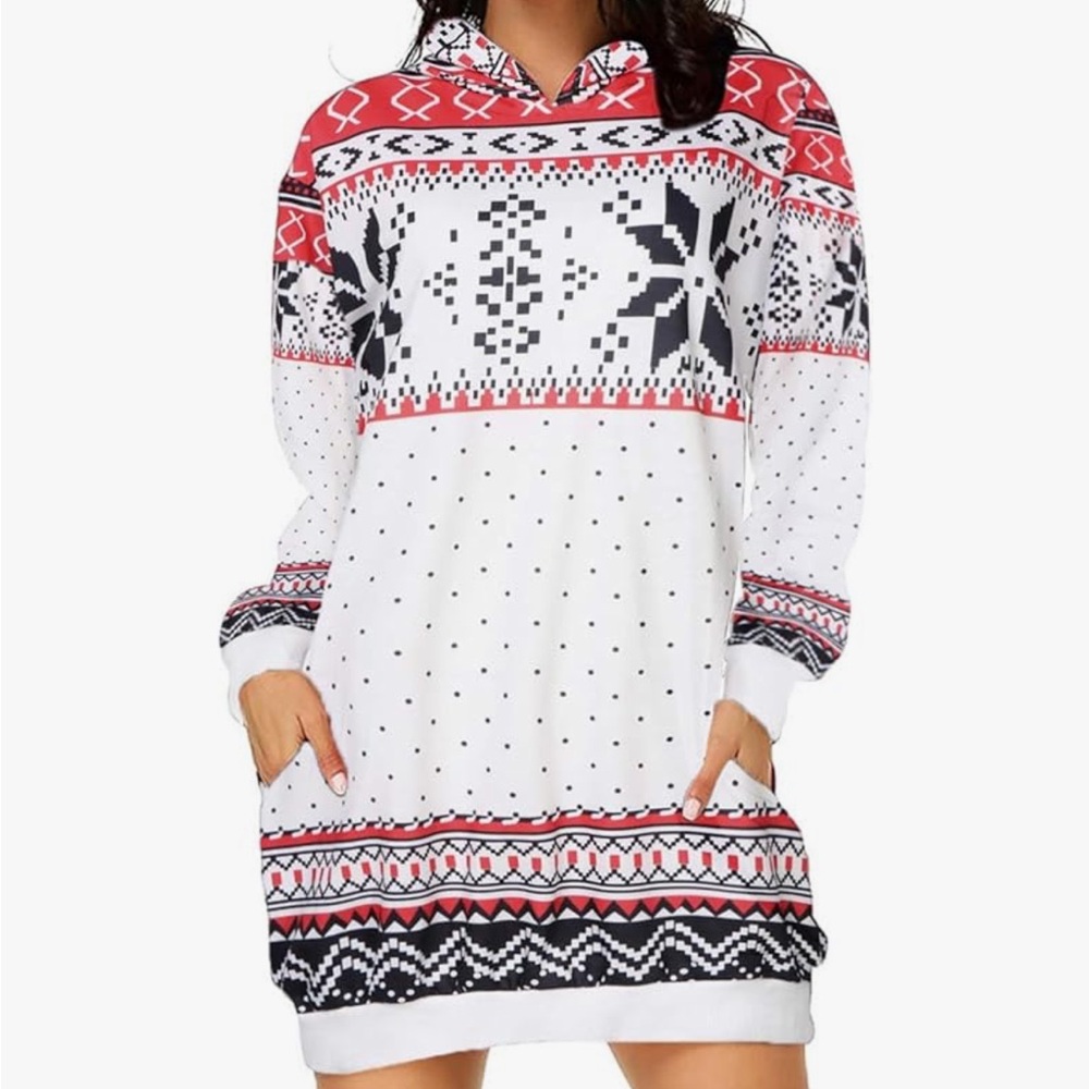 Women's Festive Hooded Dress - Red and Black Pattern